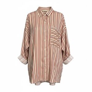 Zara Basic Women’s Red/Cream/Black Silky Satin Oversized Striped Blouse Sz XL
